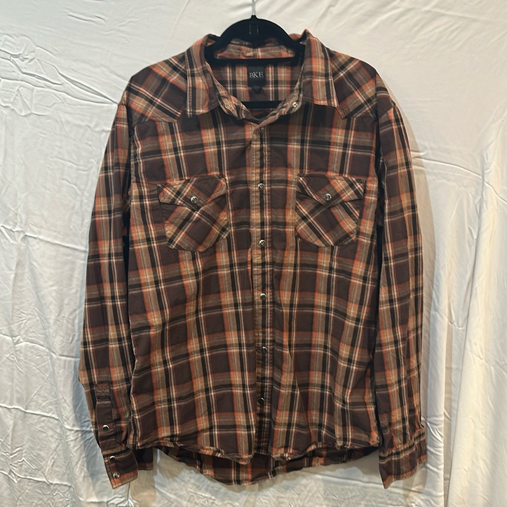 BKE Contour Men’s Plaid/Brown/Orange Button Down Shirt, Size XXL